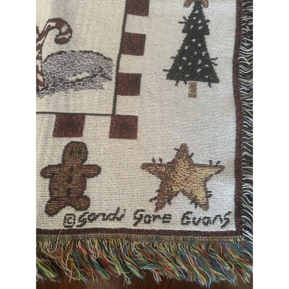 Sandra Gore Evans Woven Tapestry Throw Blanket Snowman & Cat Design 50"x60" Cott - Picture 2 of 4